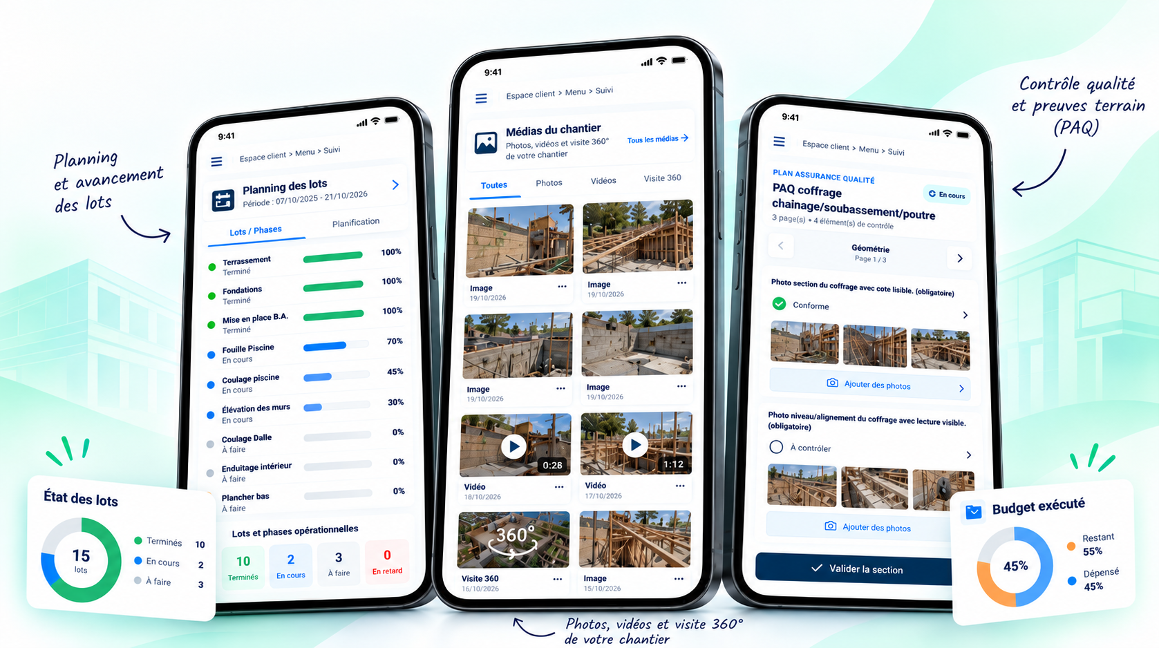 Application Caza3D : planning, médias du chantier et contrôles qualité